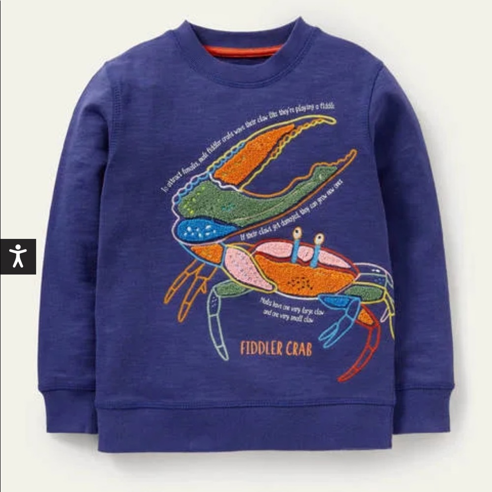 NWOT Mini Boden Nature Facts Appliqué Crab Sweatshirt